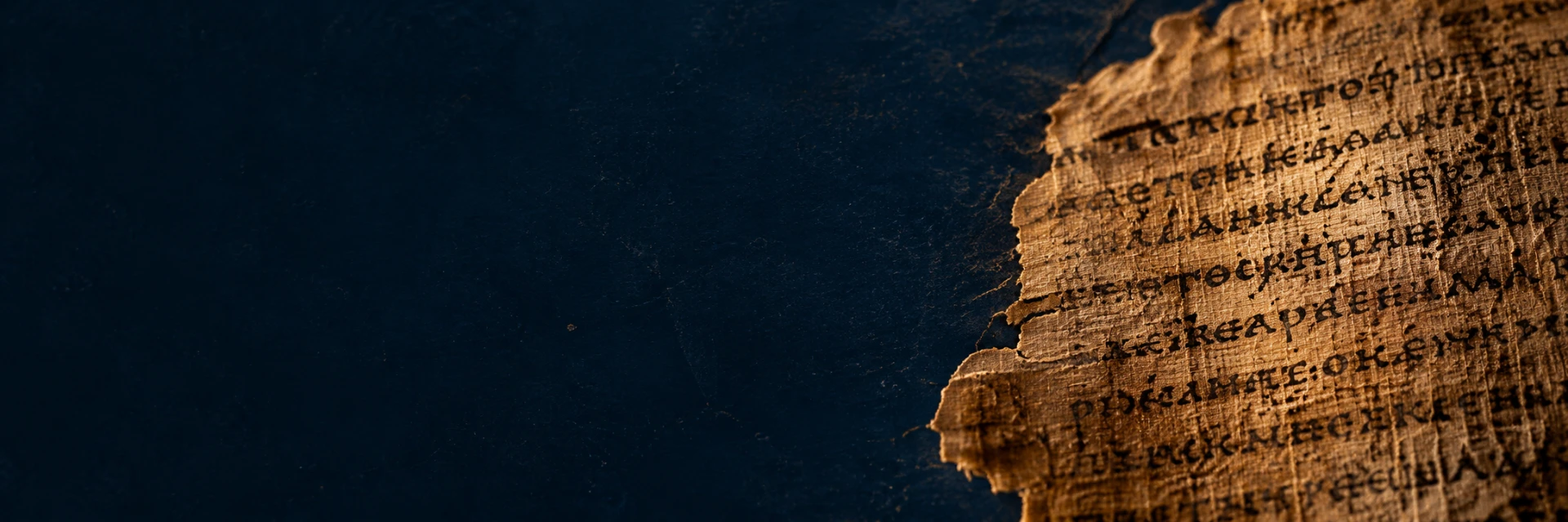 An ancient manuscript fragment emerging from darkness